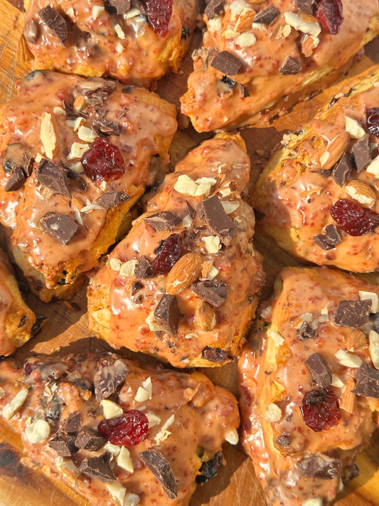 TART CHERRIES ALMOND DARK CHOCOLATE SCONE